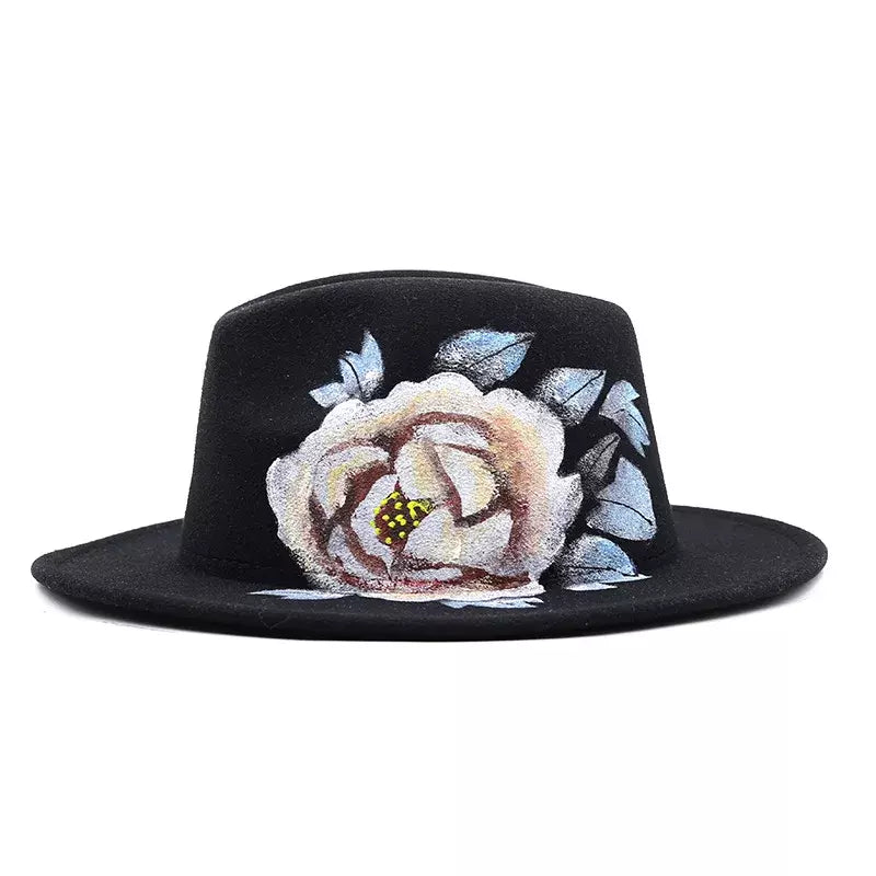 Hand Painted Rose Black Fedora Hat