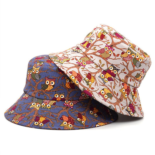 Owls Print Cotton Bucket Hat